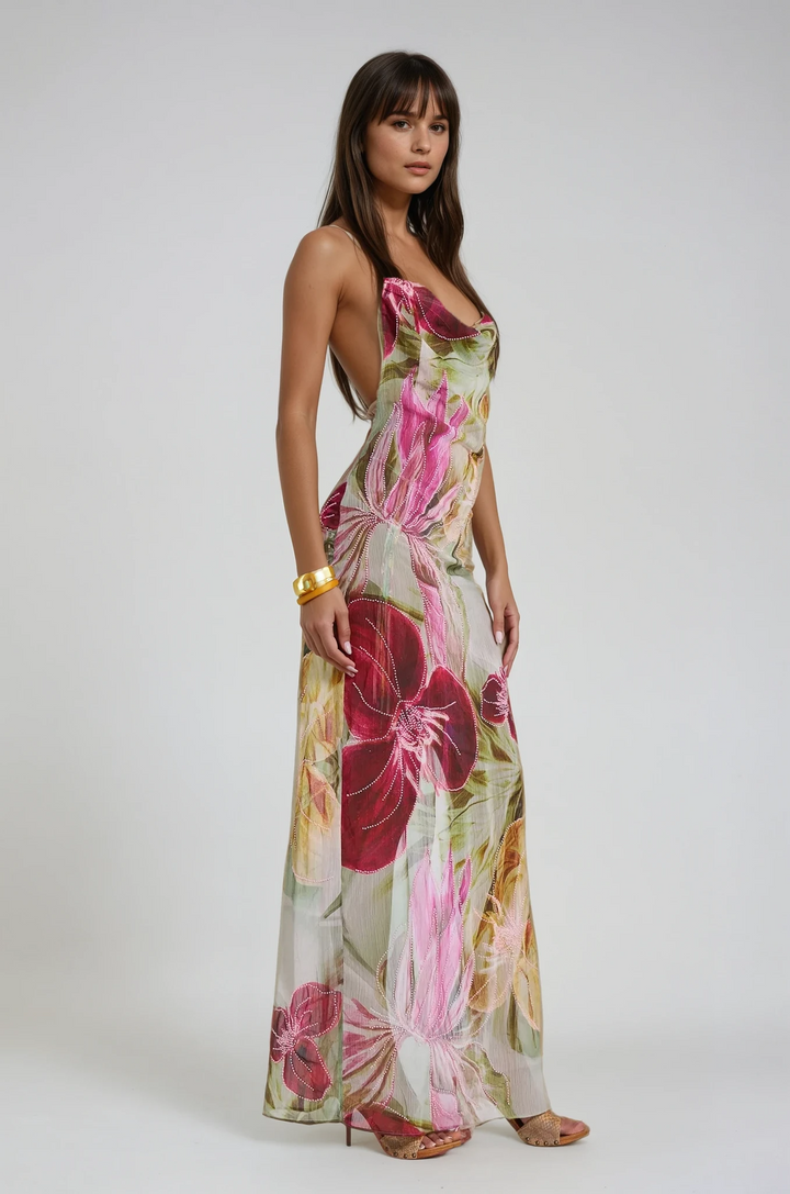 Cowl-Neck Maxi Dress with Chain Halter and Open Back