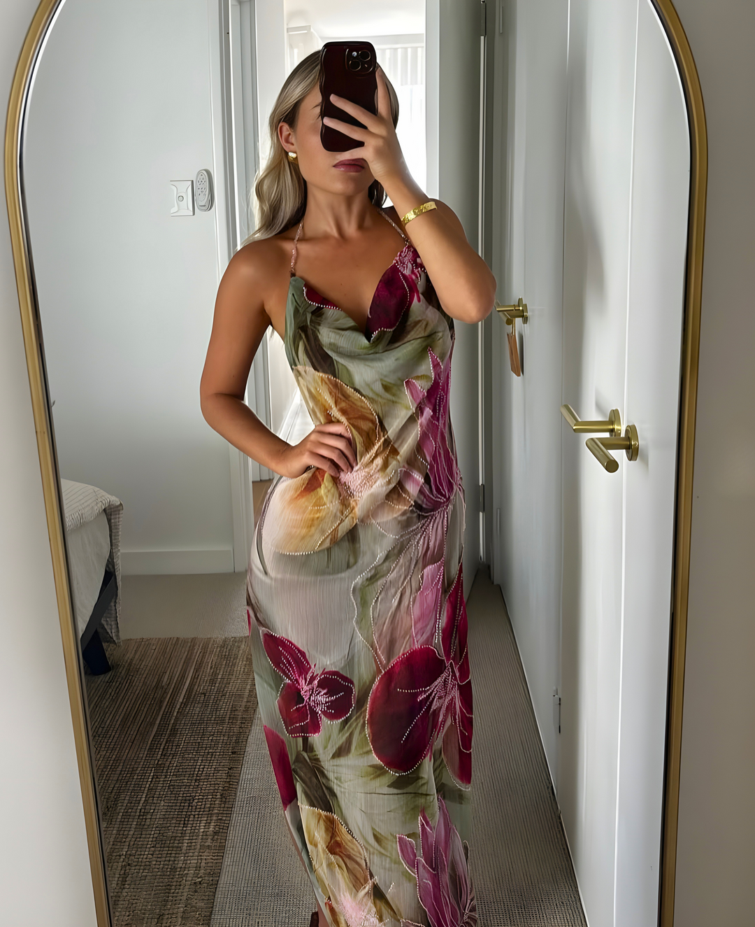 Cowl-Neck Maxi Dress with Chain Halter and Open Back