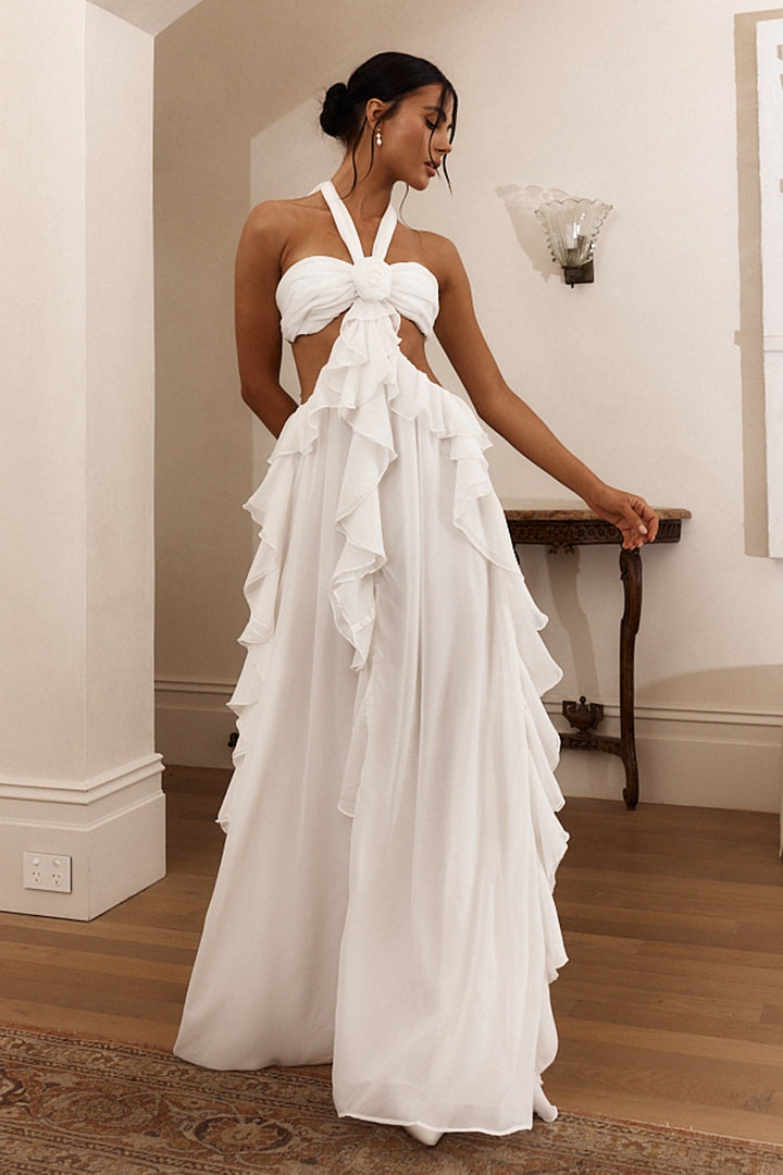 Ruffled Halter Maxi Dress with Tie-Back