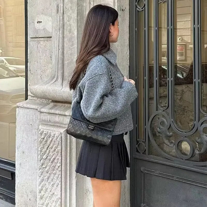 Cropped Wool-Blend Jacket with Zip Closure and Chest Flap Pockets
