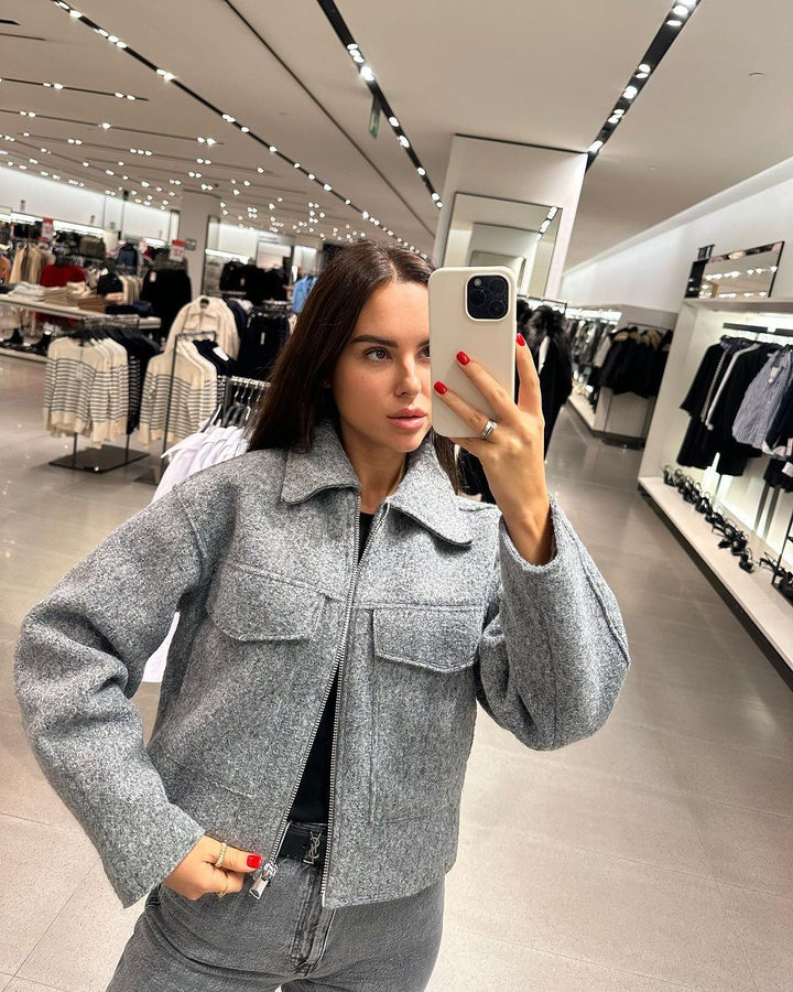 Cropped Wool-Blend Jacket with Zip Closure and Chest Flap Pockets