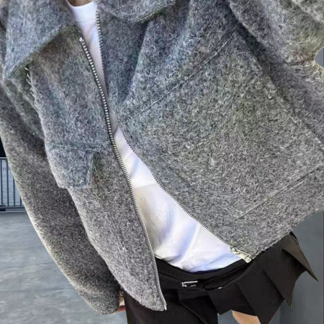 Cropped Wool-Blend Jacket with Zip Closure and Chest Flap Pockets