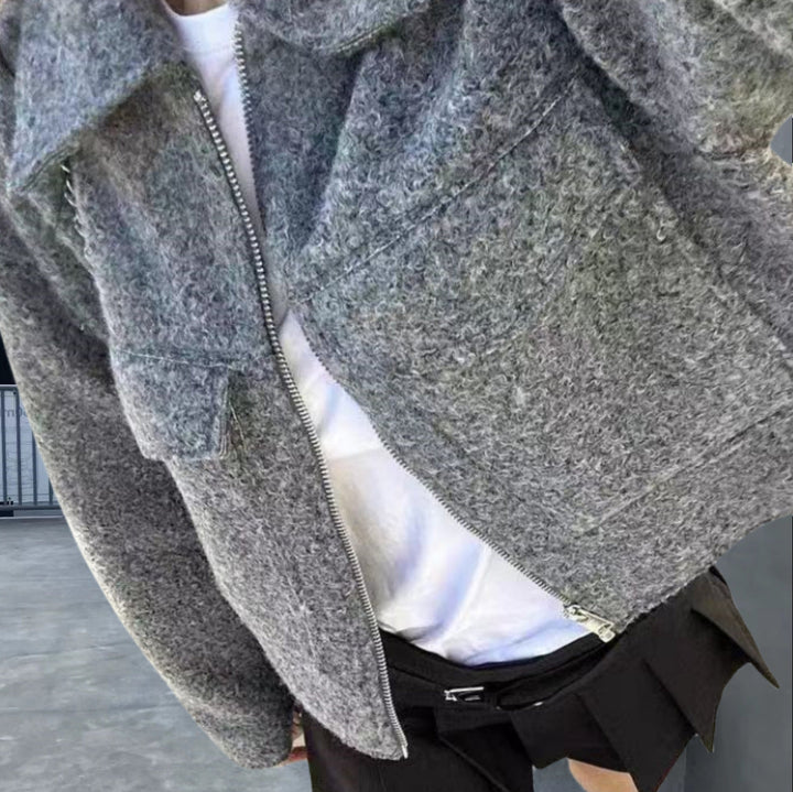 Cropped Wool-Blend Jacket with Zip Closure and Chest Flap Pockets