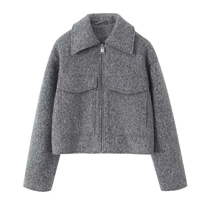 Cropped Wool-Blend Jacket with Zip Closure and Chest Flap Pockets