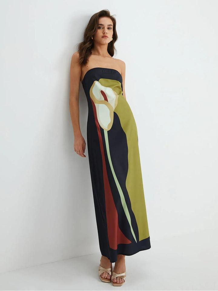 Strapless Maxi Dress with Straight Neckline and Back Slit