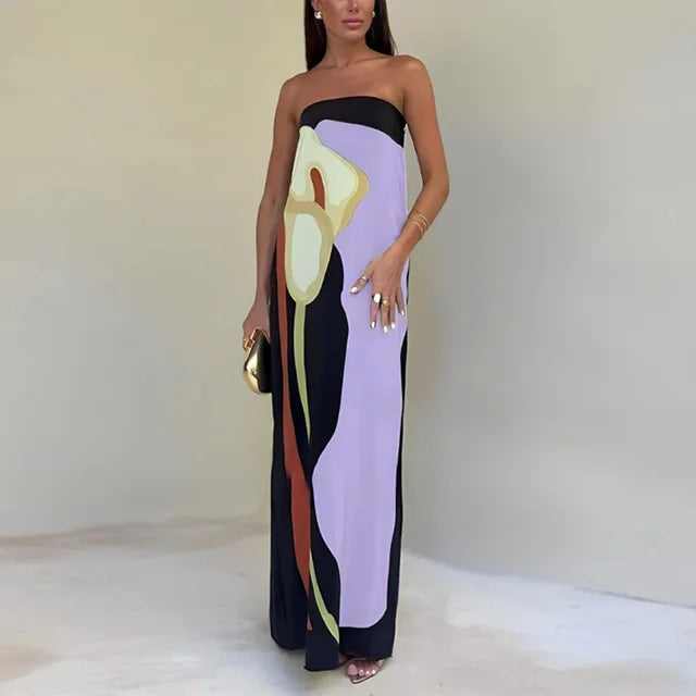 Strapless Maxi Dress with Straight Neckline and Back Slit