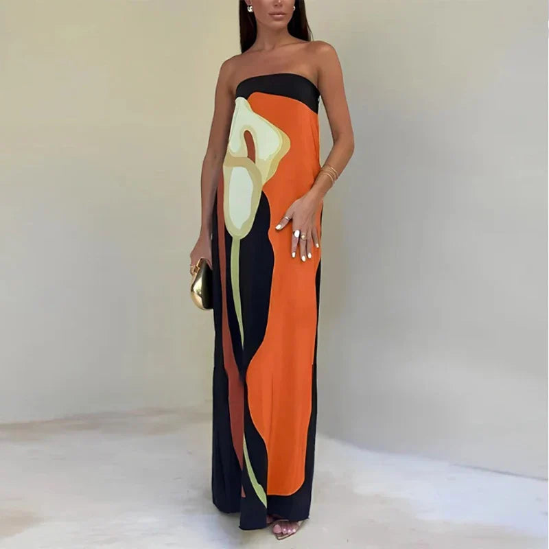 Strapless Maxi Dress with Straight Neckline and Back Slit