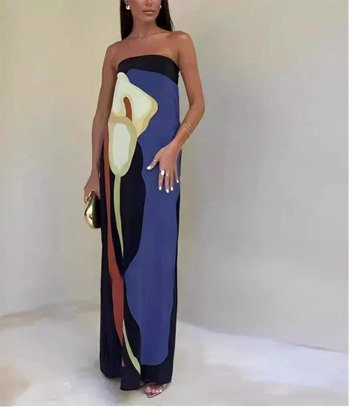 Strapless Maxi Dress with Straight Neckline and Back Slit