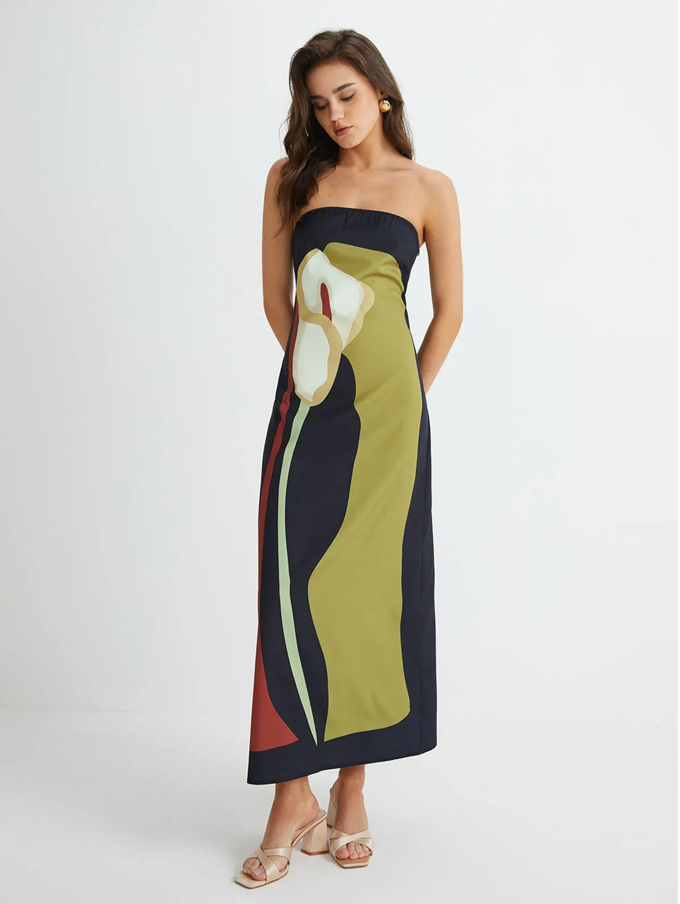 Strapless Maxi Dress with Straight Neckline and Back Slit