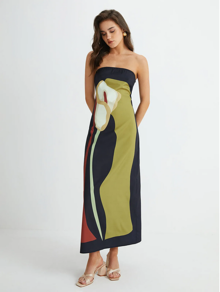 Strapless Maxi Dress with Straight Neckline and Back Slit
