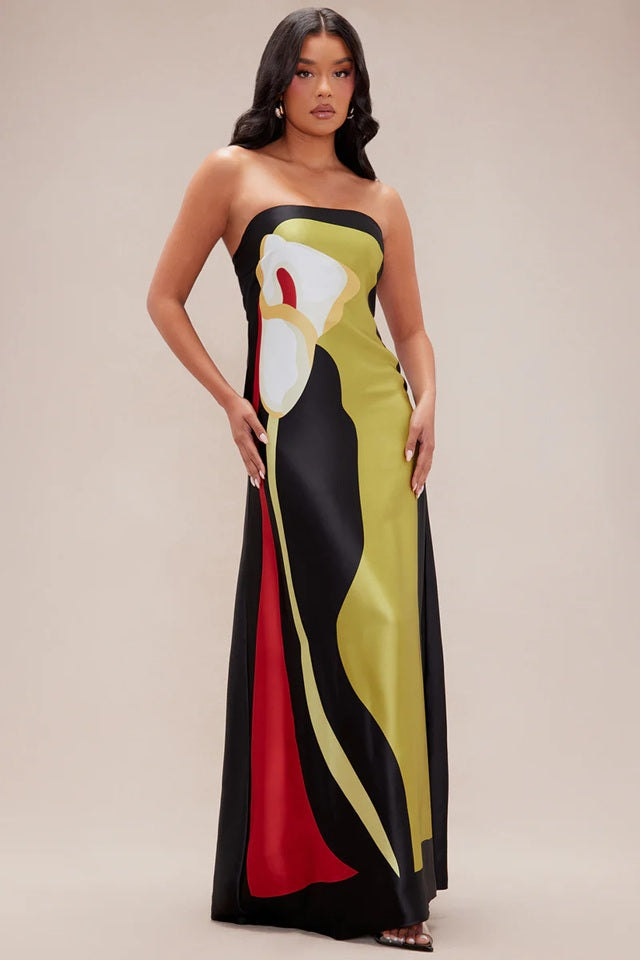 Strapless Maxi Dress with Straight Neckline and Back Slit