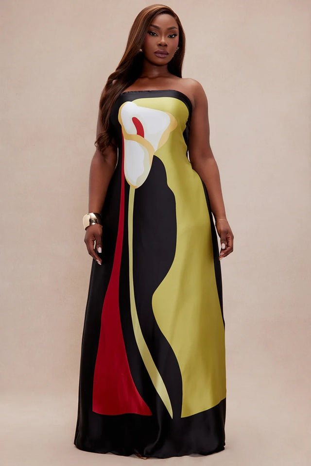 Strapless Maxi Dress with Straight Neckline and Back Slit
