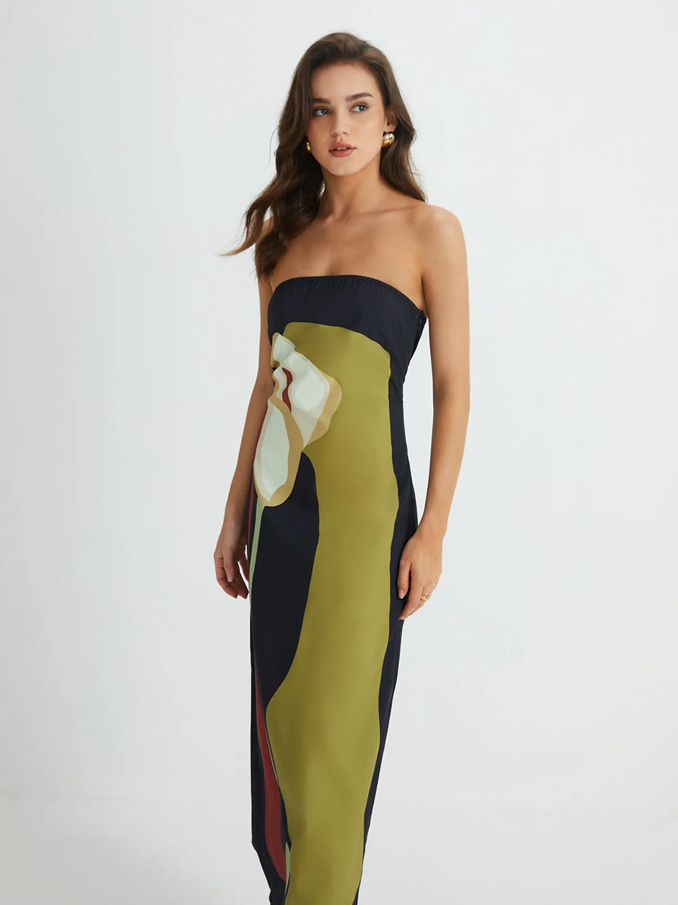 Strapless Maxi Dress with Straight Neckline and Back Slit