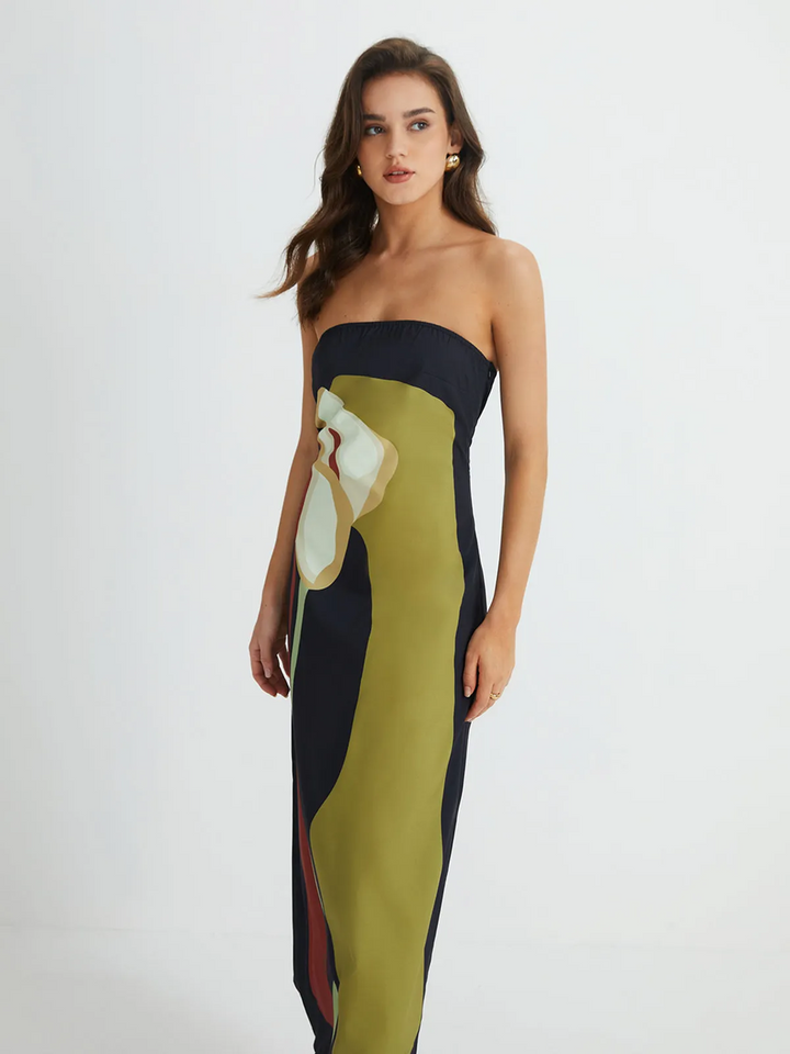 Strapless Maxi Dress with Straight Neckline and Back Slit