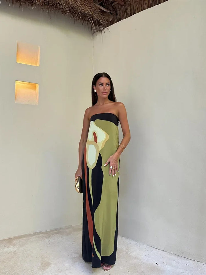 Strapless Maxi Dress with Straight Neckline and Back Slit