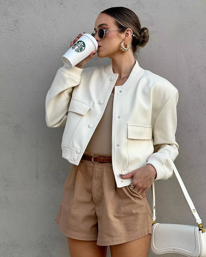 Cropped Jacket with Snap Button Closure