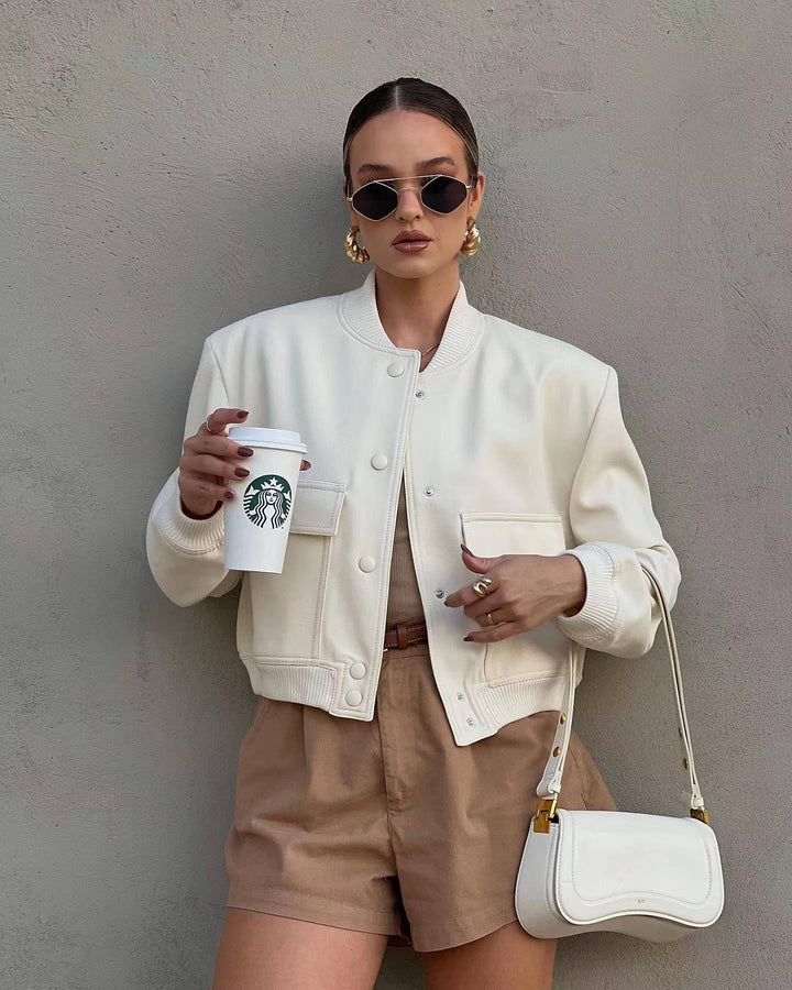 Cropped Jacket with Snap Button Closure