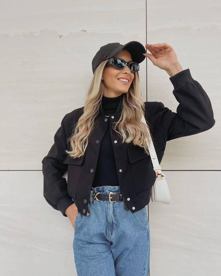 Cropped Jacket with Snap Button Closure