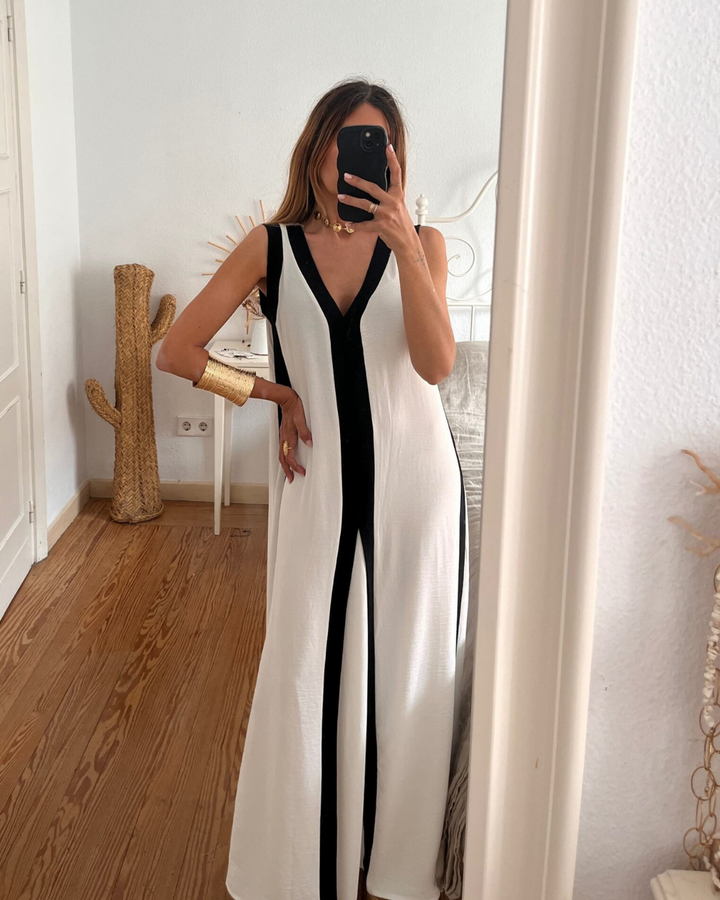 Sleeveless V-Neck Maxi Dress with Contrast Panels