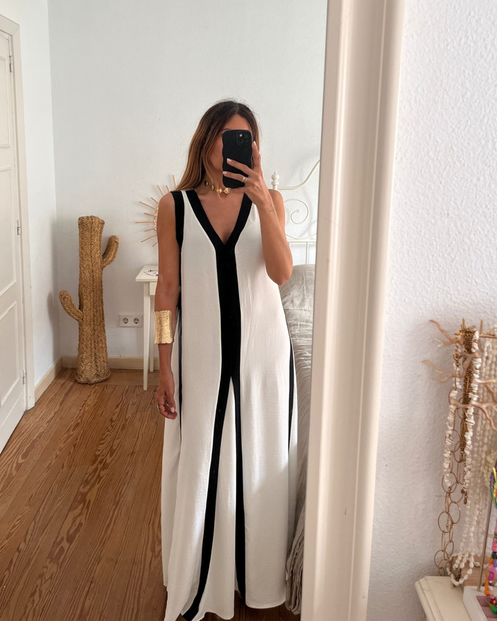 Sleeveless V-Neck Maxi Dress with Contrast Panels