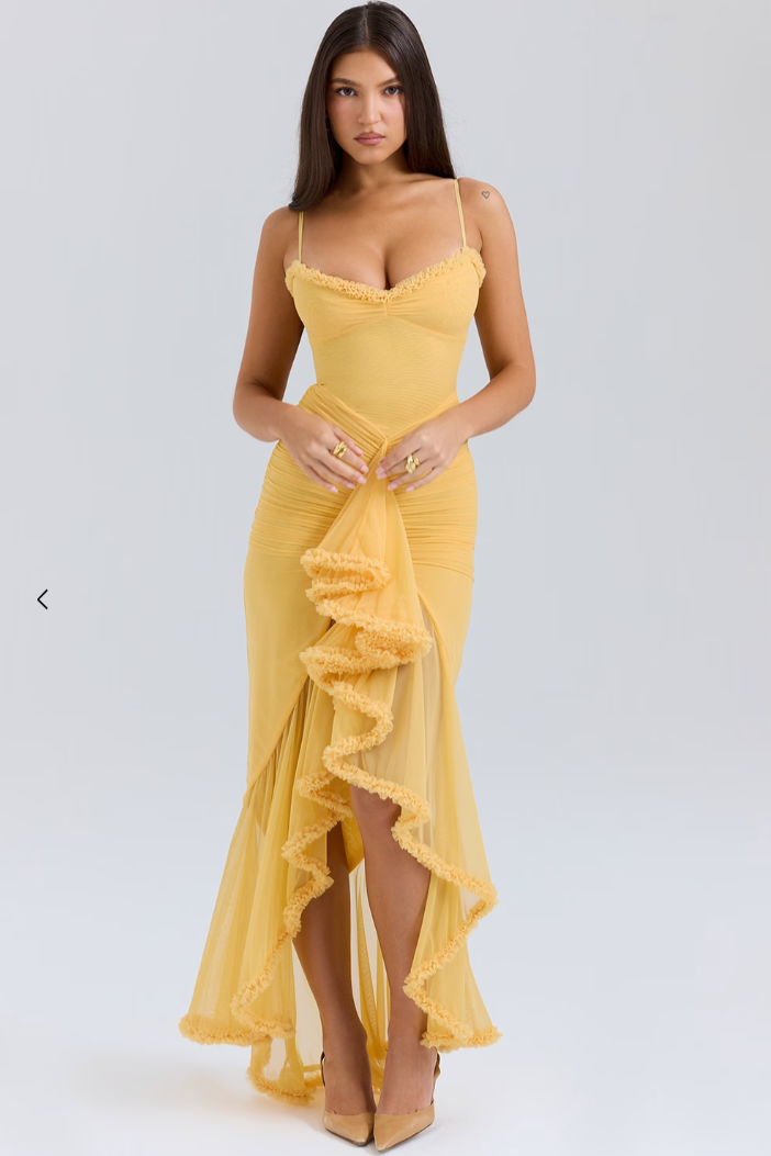 Mesh Ruffle Maxi Dress with Spaghetti Straps