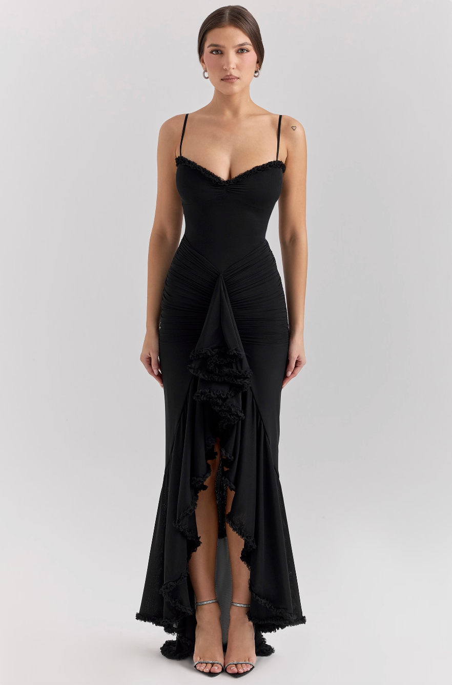 Mesh Ruffle Maxi Dress with Spaghetti Straps