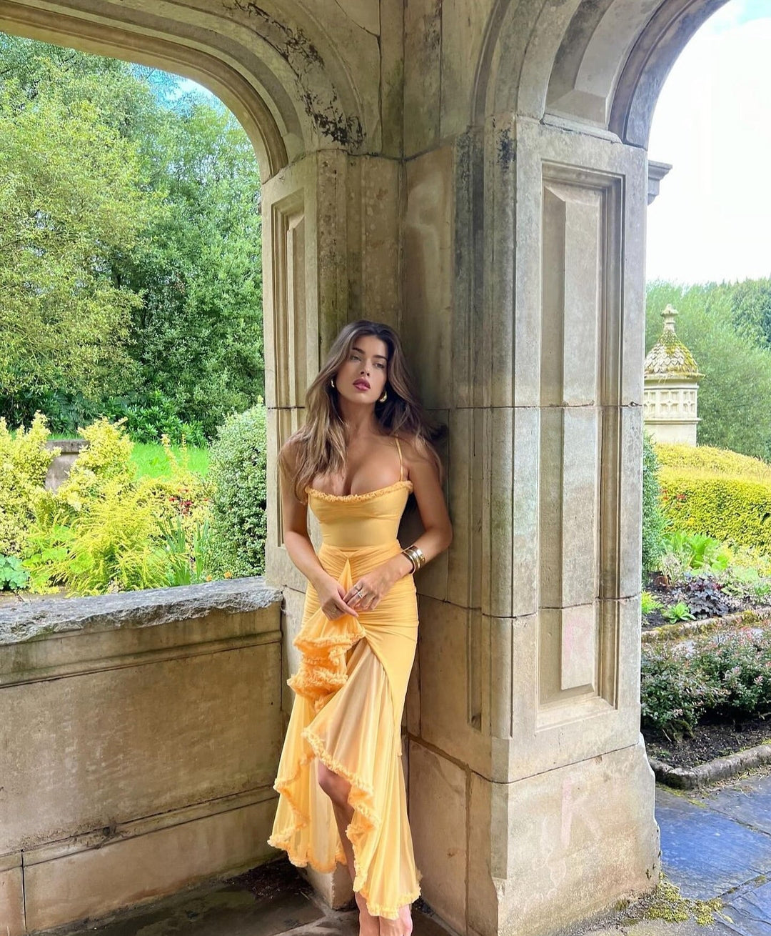 Mesh Ruffle Maxi Dress with Spaghetti Straps