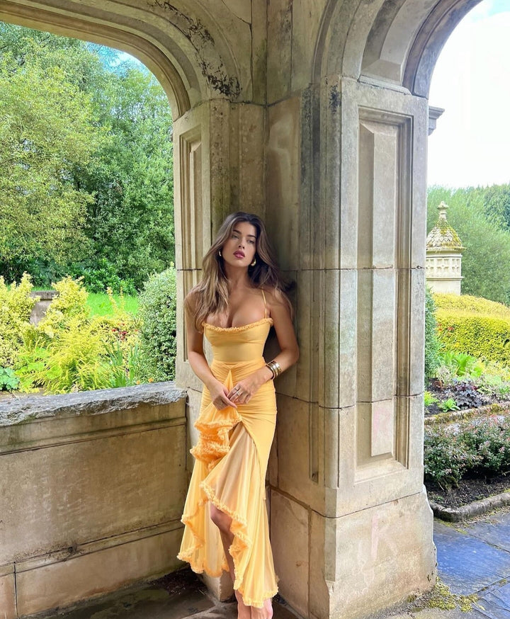 Mesh Ruffle Maxi Dress with Spaghetti Straps