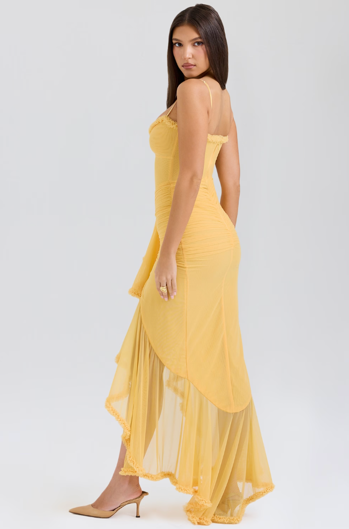 Mesh Ruffle Maxi Dress with Spaghetti Straps