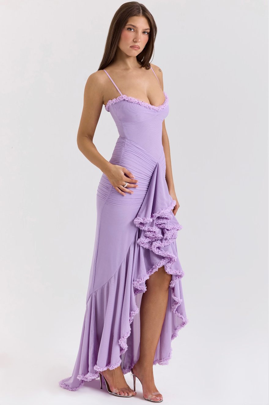 Mesh Ruffle Maxi Dress with Spaghetti Straps