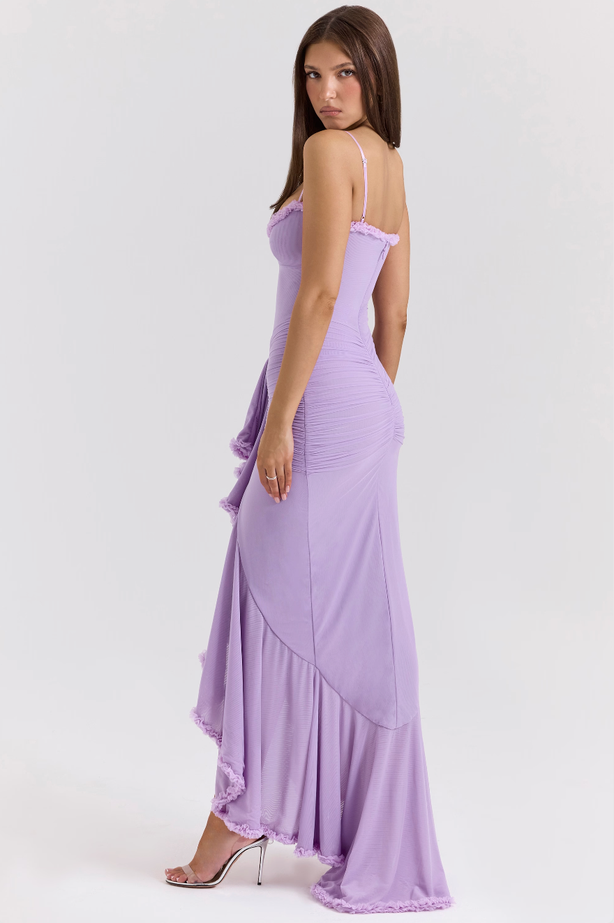 Mesh Ruffle Maxi Dress with Spaghetti Straps