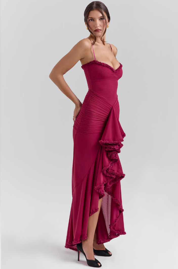Mesh Ruffle Maxi Dress with Spaghetti Straps