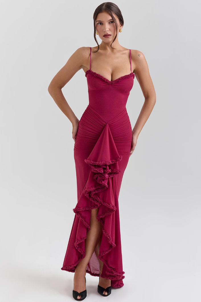 Mesh Ruffle Maxi Dress with Spaghetti Straps