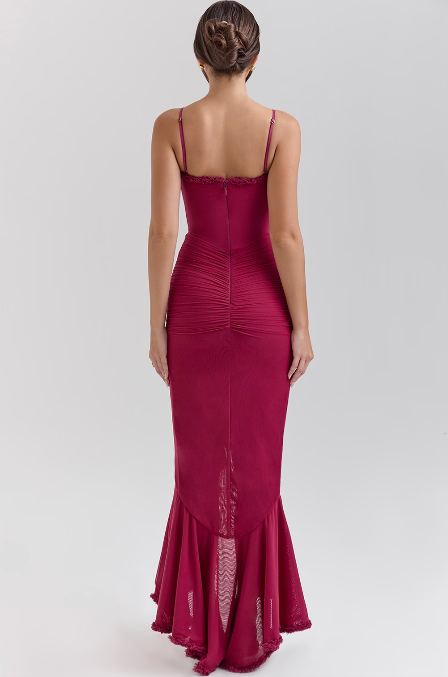 Mesh Ruffle Maxi Dress with Spaghetti Straps