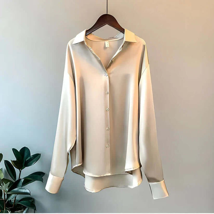 Long-Sleeved Satin Blouse with Button Front