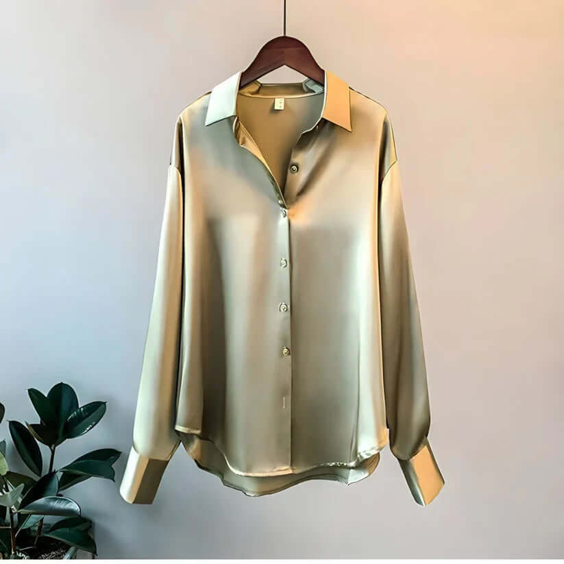 Long-Sleeved Satin Blouse with Button Front
