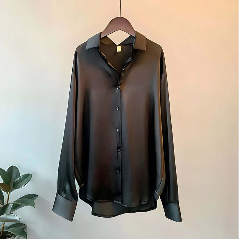 Long-Sleeved Satin Blouse with Button Front