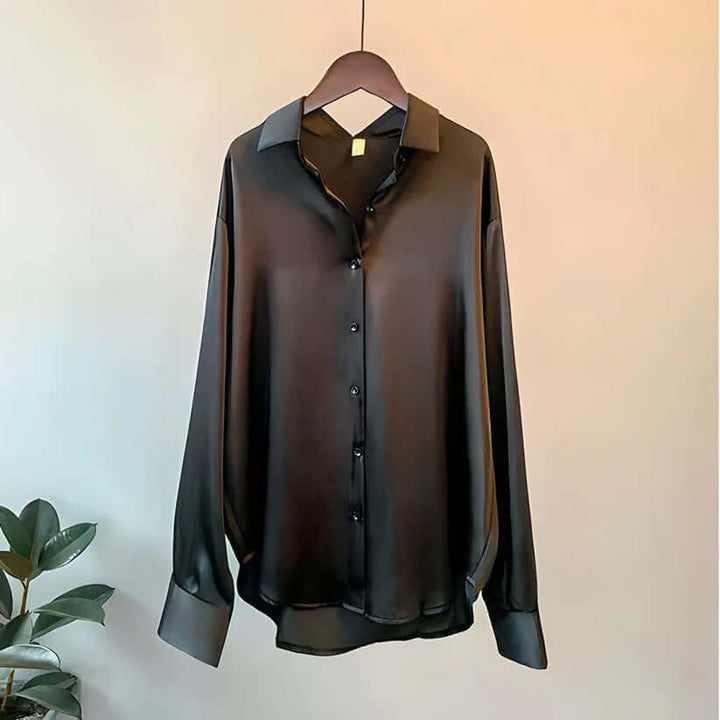 Long-Sleeved Satin Blouse with Button Front