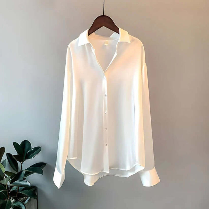 Long-Sleeved Satin Blouse with Button Front