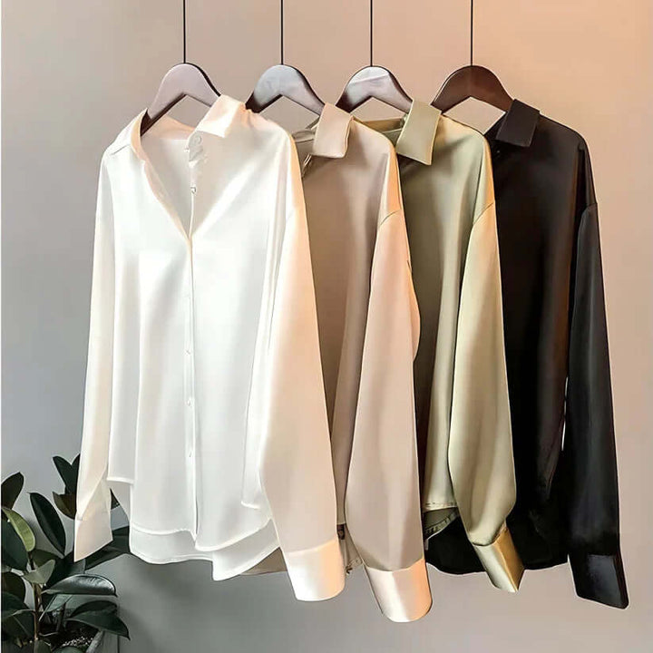 Long-Sleeved Satin Blouse with Button Front