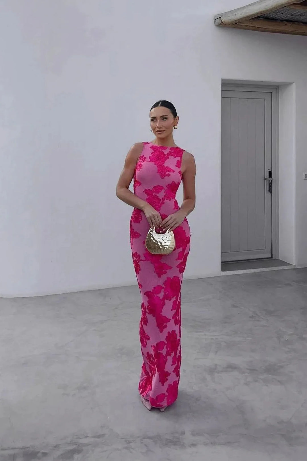 Sleeveless Maxi Dress with Round Neckline and Floral Embroidered Overlay