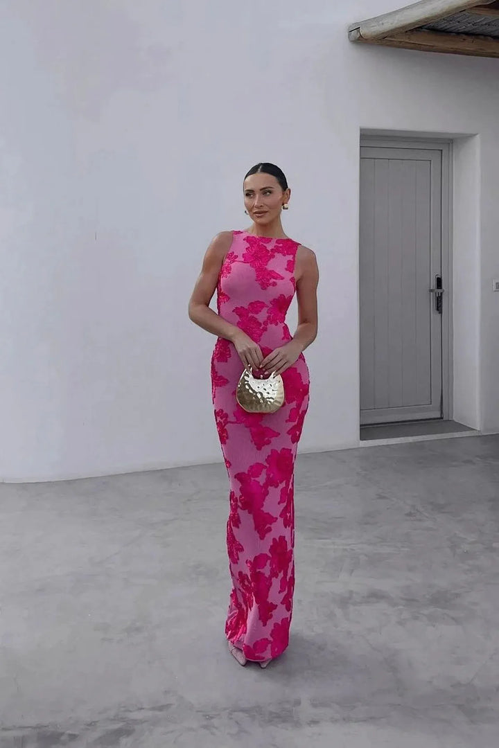 Sleeveless Maxi Dress with Round Neckline and Floral Embroidered Overlay