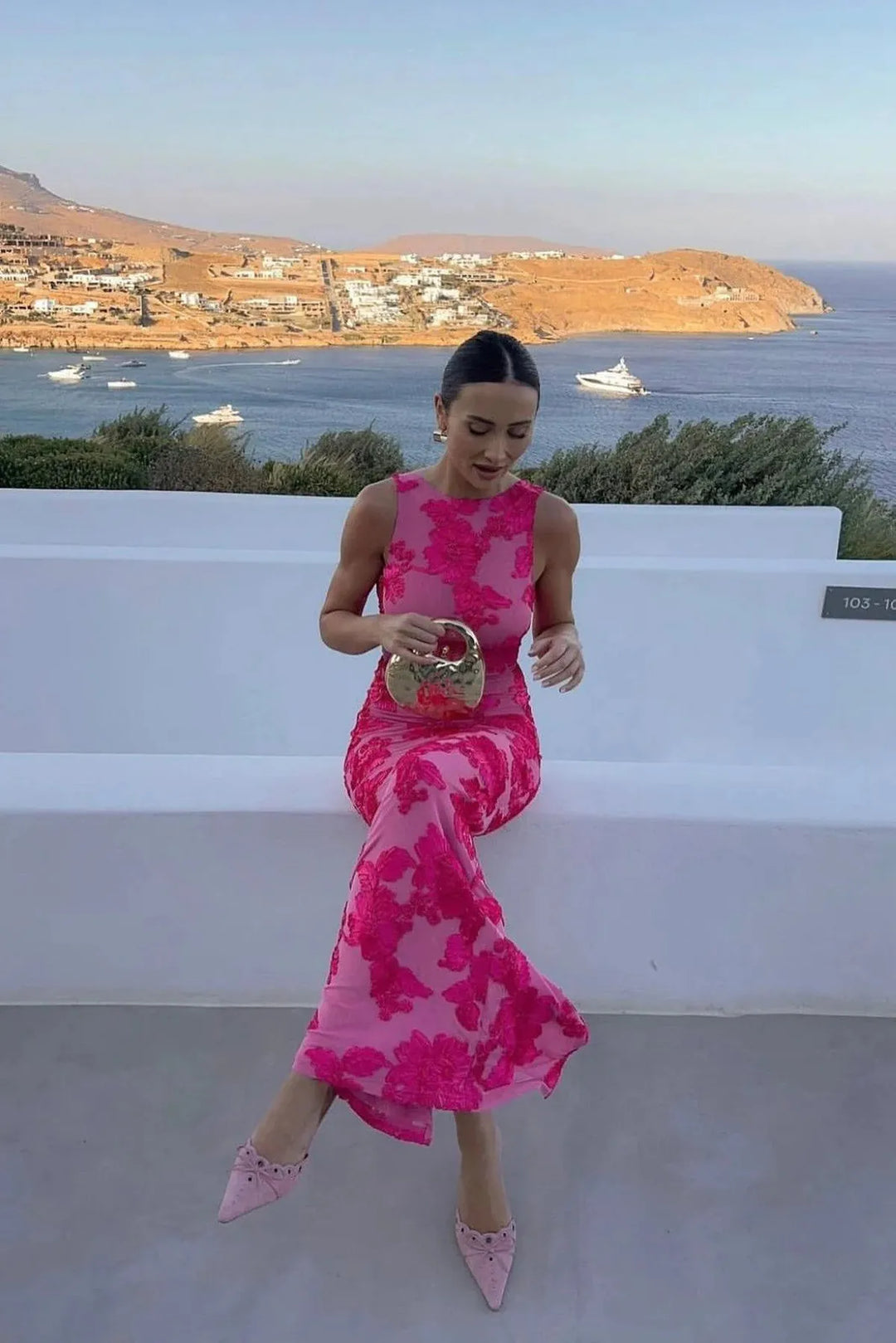 Sleeveless Maxi Dress with Round Neckline and Floral Embroidered Overlay