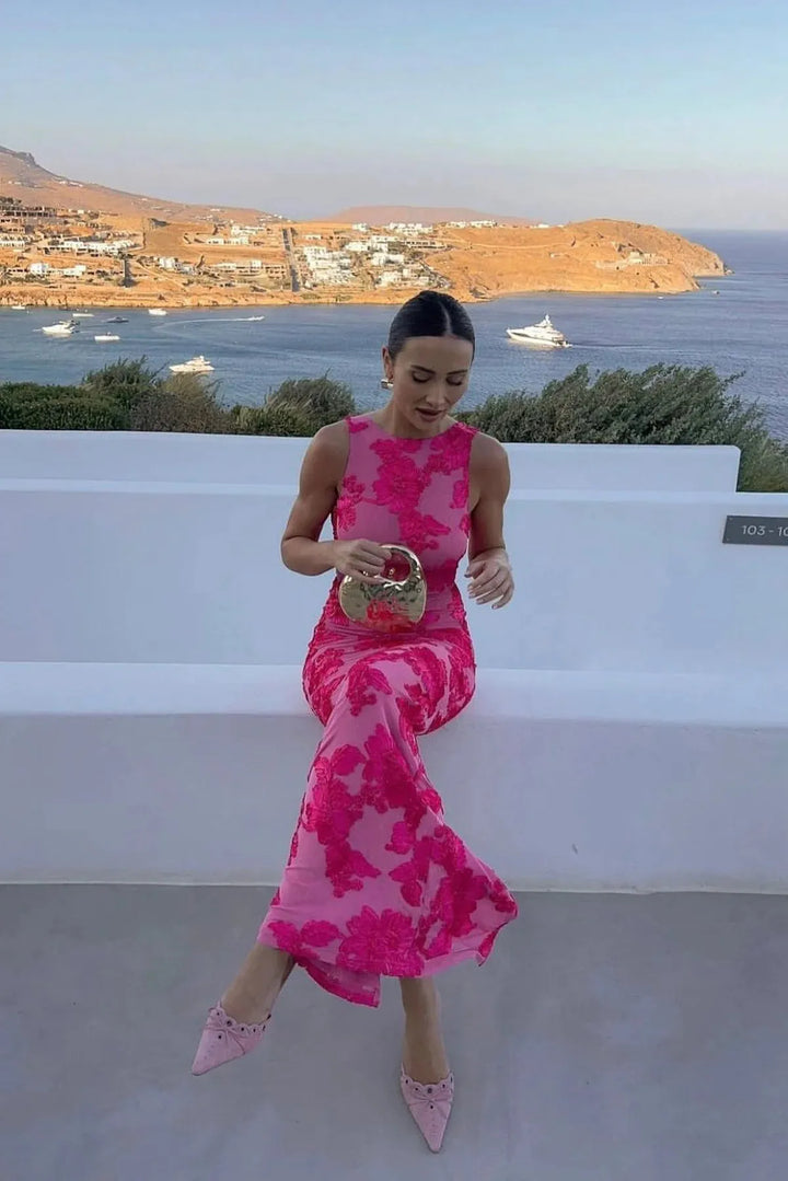 Sleeveless Maxi Dress with Round Neckline and Floral Embroidered Overlay