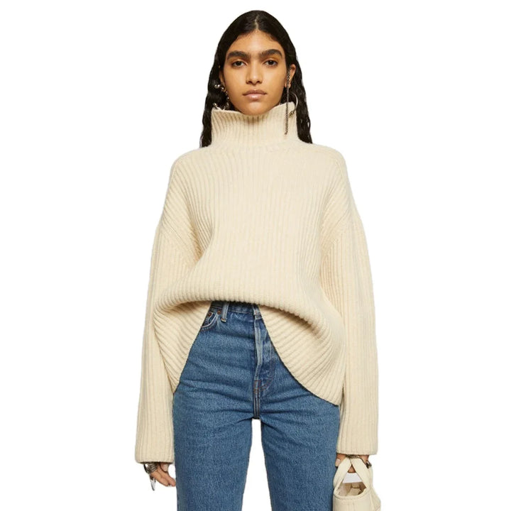 Ribbed Turtleneck Sweater with Relaxed Silhouette and Straight Hemline