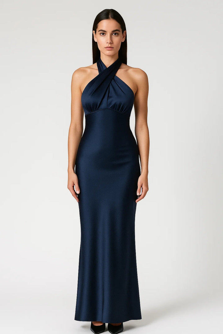 Halter Neck Maxi Dress with Open Back and Bow Tie Detail