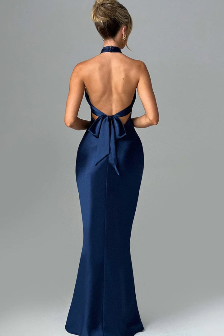 Halter Neck Maxi Dress with Open Back and Bow Tie Detail