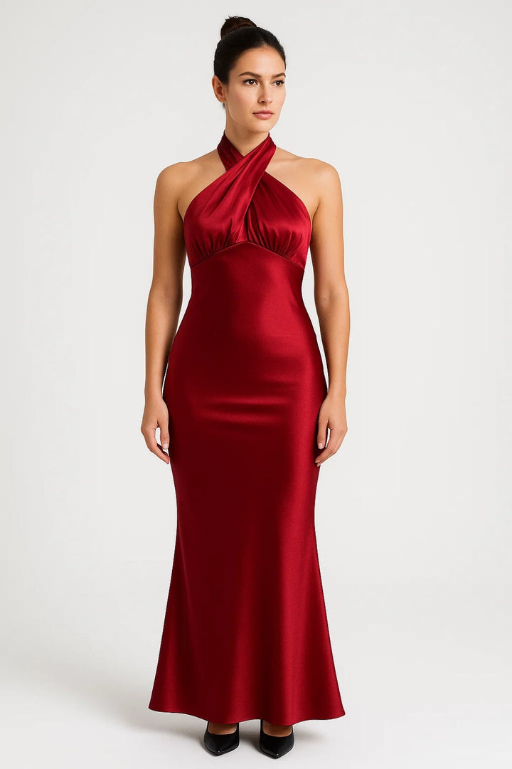Halter Neck Maxi Dress with Open Back and Bow Tie Detail