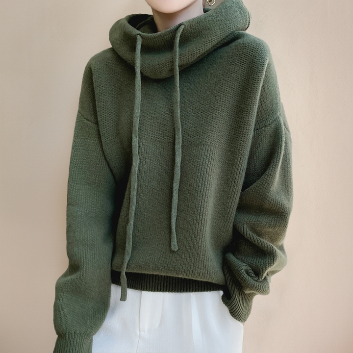 Hooded Knit Jumper with Drawstring and Ribbed Hem