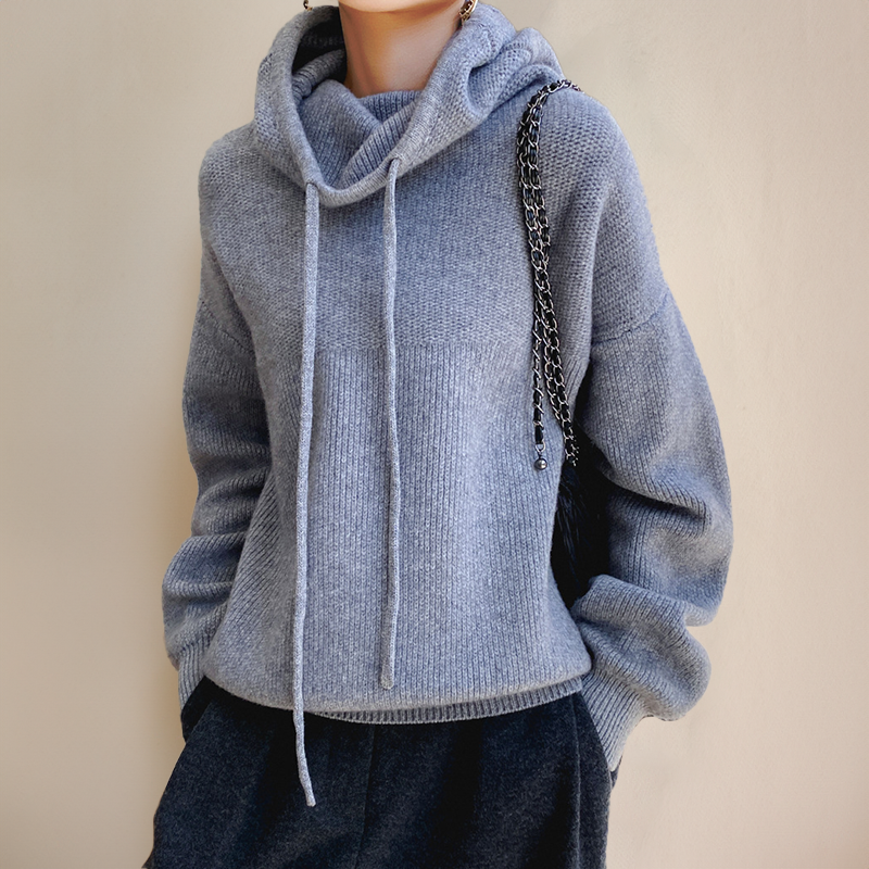 Hooded Knit Jumper with Drawstring and Ribbed Hem